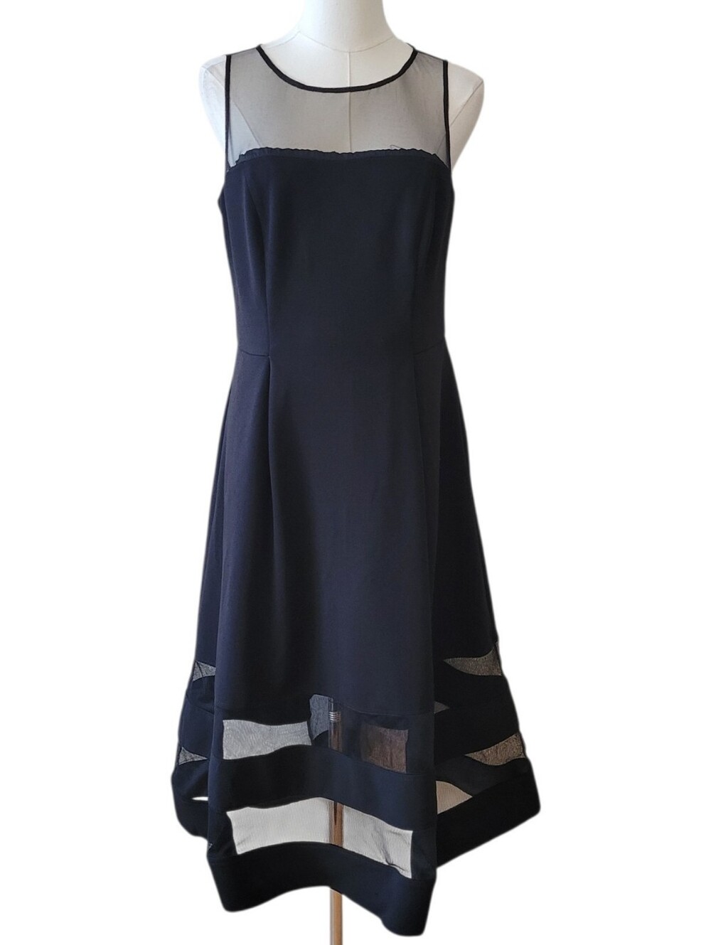 Adrianna Papell Black Sheer Shoulder Midi Cocktail Dress Size 10 - Picture 3 of 7